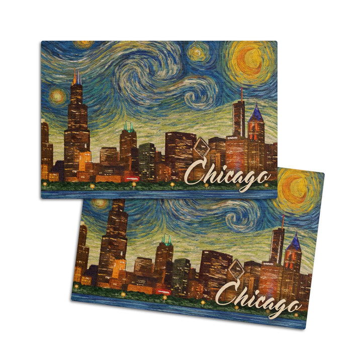 Chicago, Illinois, Starry Night City Series, Lantern Press Artwork, Wood Signs and Postcards Wood Lantern Press 4x6 Wood Postcard Set 