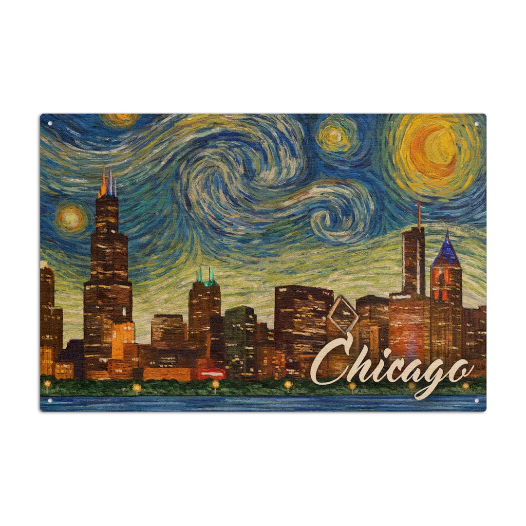 Chicago, Illinois, Starry Night City Series, Lantern Press Artwork, Wood Signs and Postcards Wood Lantern Press 6x9 Wood Sign 