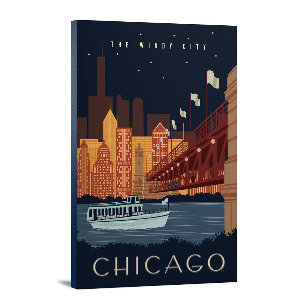 Chicago, Illinois, Vector, Ferry & Skyline Across Water, Lantern Press Artwork, Stretched Canvas Canvas Lantern Press 12x18 Stretched Canvas 