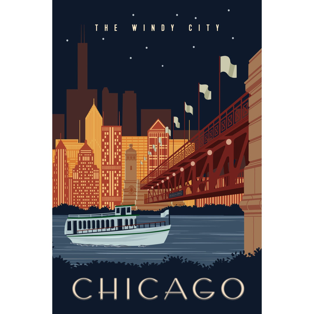 Chicago, Illinois, Vector, Ferry & Skyline Across Water, Lantern Press Artwork, Stretched Canvas Canvas Lantern Press 