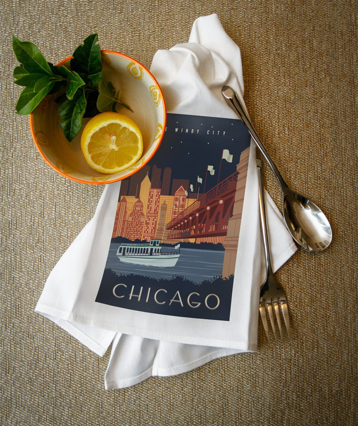 Chicago, Illinois, Vector, Ferry & Skyline Across Water, Lantern Press Artwork, Towels and Aprons Kitchen Lantern Press 