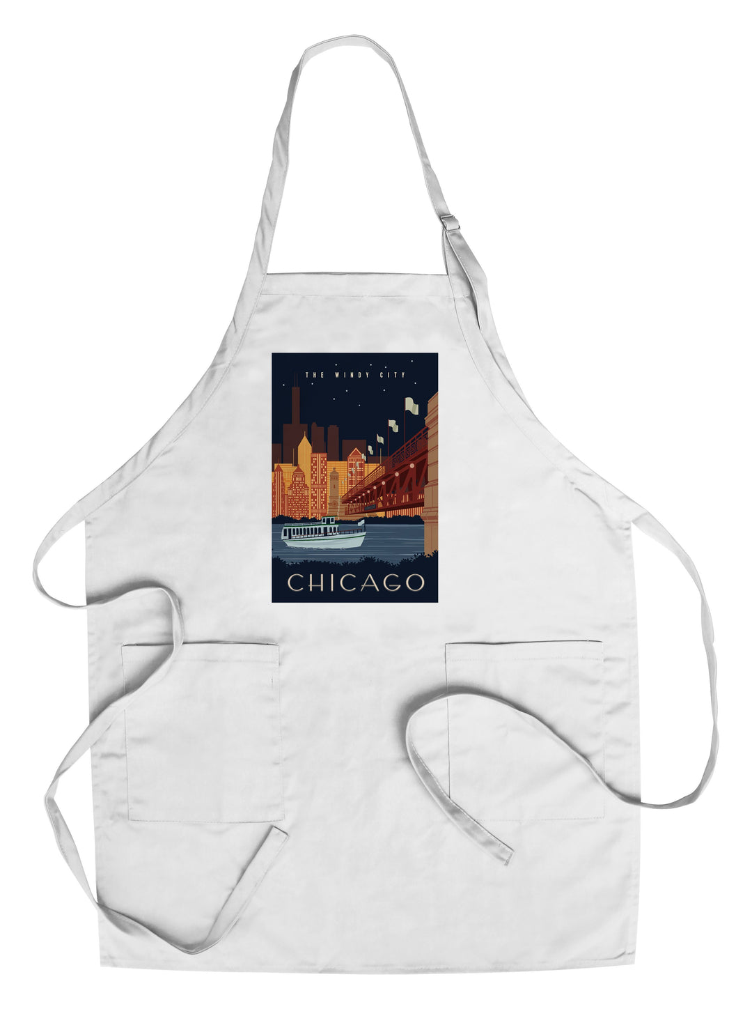 Chicago, Illinois, Vector, Ferry & Skyline Across Water, Lantern Press Artwork, Towels and Aprons Kitchen Lantern Press Chef's Apron 