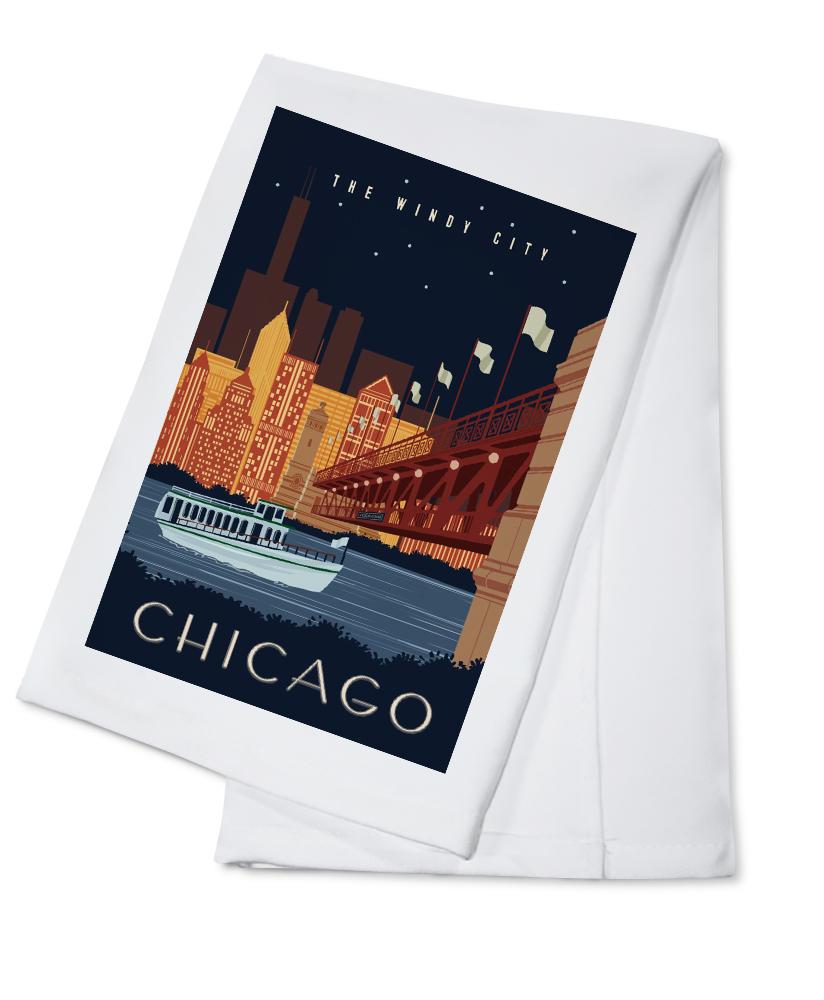 Chicago, Illinois, Vector, Ferry & Skyline Across Water, Lantern Press Artwork, Towels and Aprons Kitchen Lantern Press Cotton Towel 