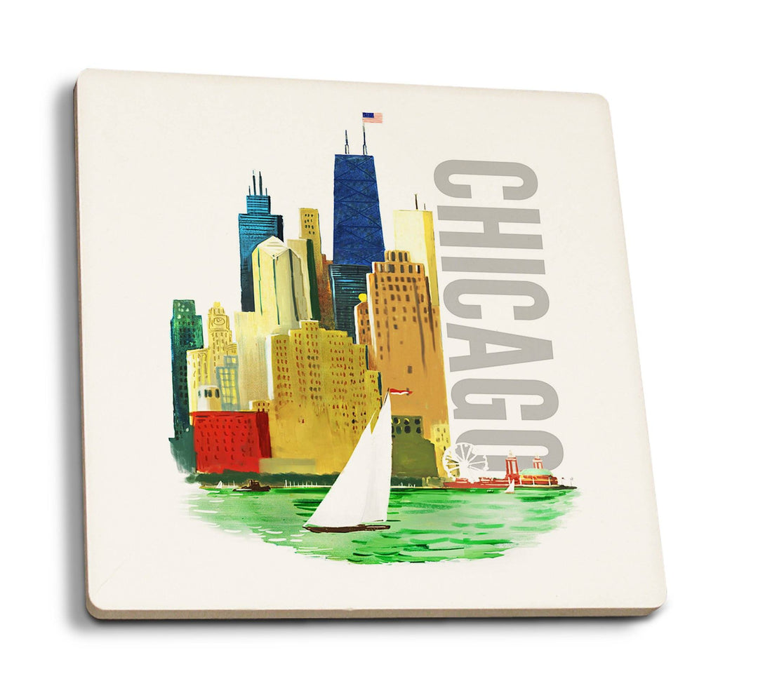 Chicago, Illinois, Vintage Watercolor Skyline, Bright Colors, Lantern Press Artwork, Coaster Set Coasters Lantern Press 