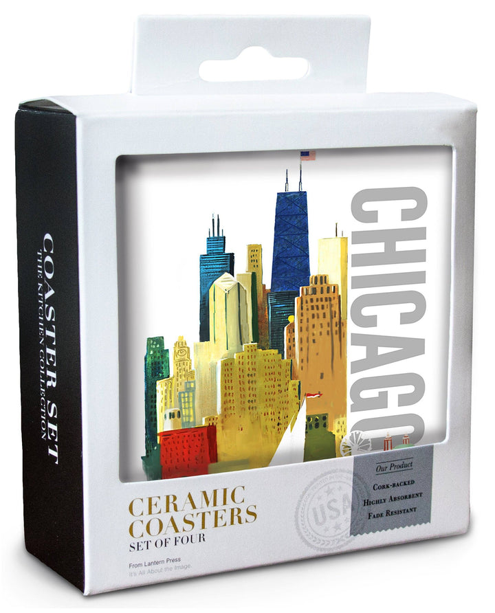 Chicago, Illinois, Vintage Watercolor Skyline, Bright Colors, Lantern Press Artwork, Coaster Set Coasters Lantern Press 
