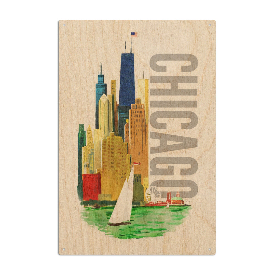 Chicago, Illinois, Vintage Watercolor Skyline, Bright Colors, Lantern Press Artwork, Wood Signs and Postcards Wood Lantern Press 10 x 15 Wood Sign 