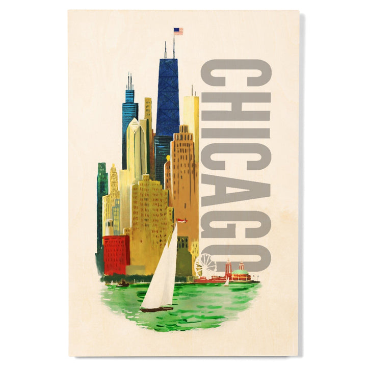 Chicago, Illinois, Vintage Watercolor Skyline, Bright Colors, Lantern Press Artwork, Wood Signs and Postcards Wood Lantern Press 