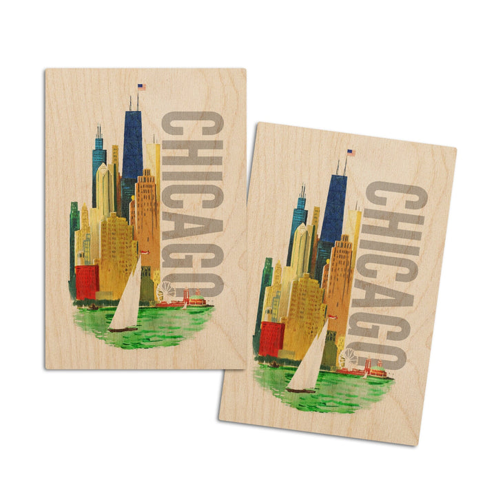 Chicago, Illinois, Vintage Watercolor Skyline, Bright Colors, Lantern Press Artwork, Wood Signs and Postcards Wood Lantern Press 4x6 Wood Postcard Set 