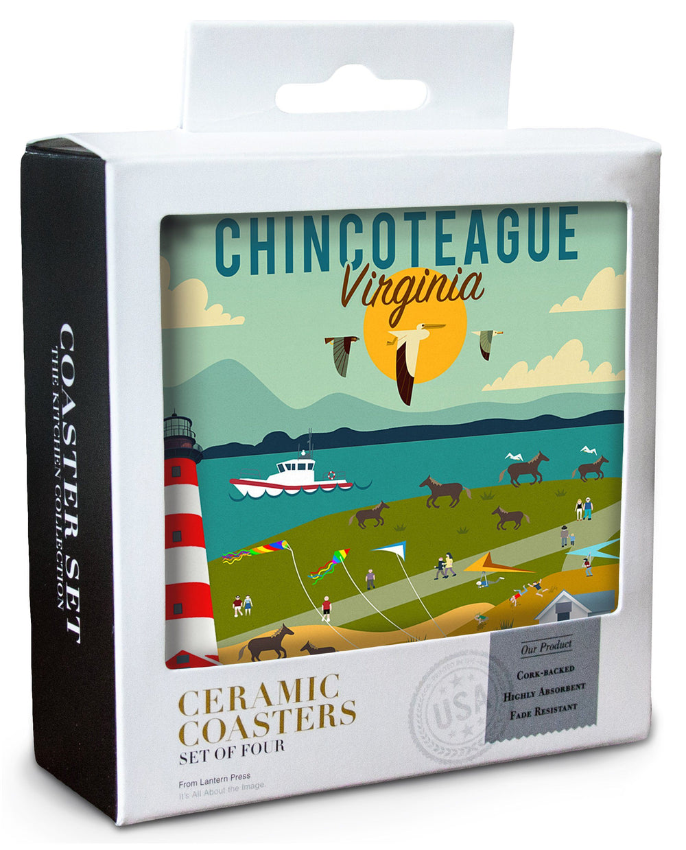 Chinconteague, Virginia, Beach, Ocean, & Lighthouse, Geometric, Lantern Press Artwork, Coaster Set Coasters Lantern Press 