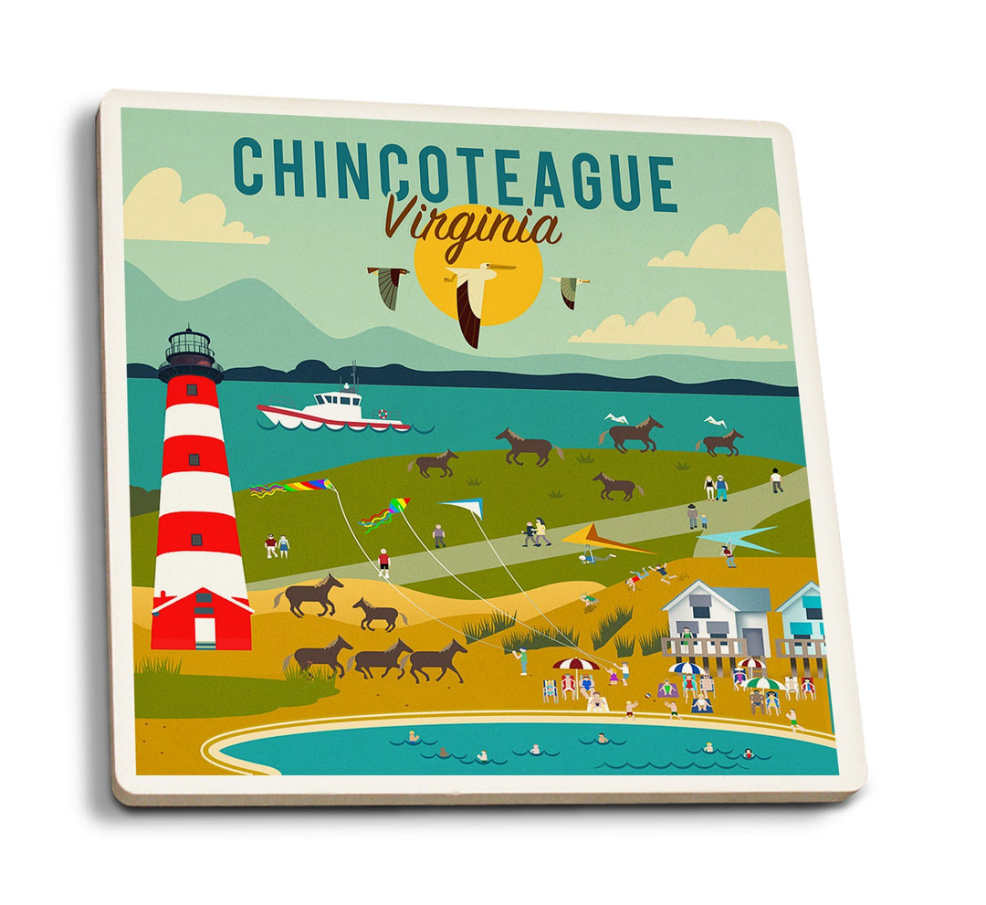 Chinconteague, Virginia, Beach, Ocean, & Lighthouse, Geometric, Lantern Press Artwork, Coaster Set Coasters Lantern Press 