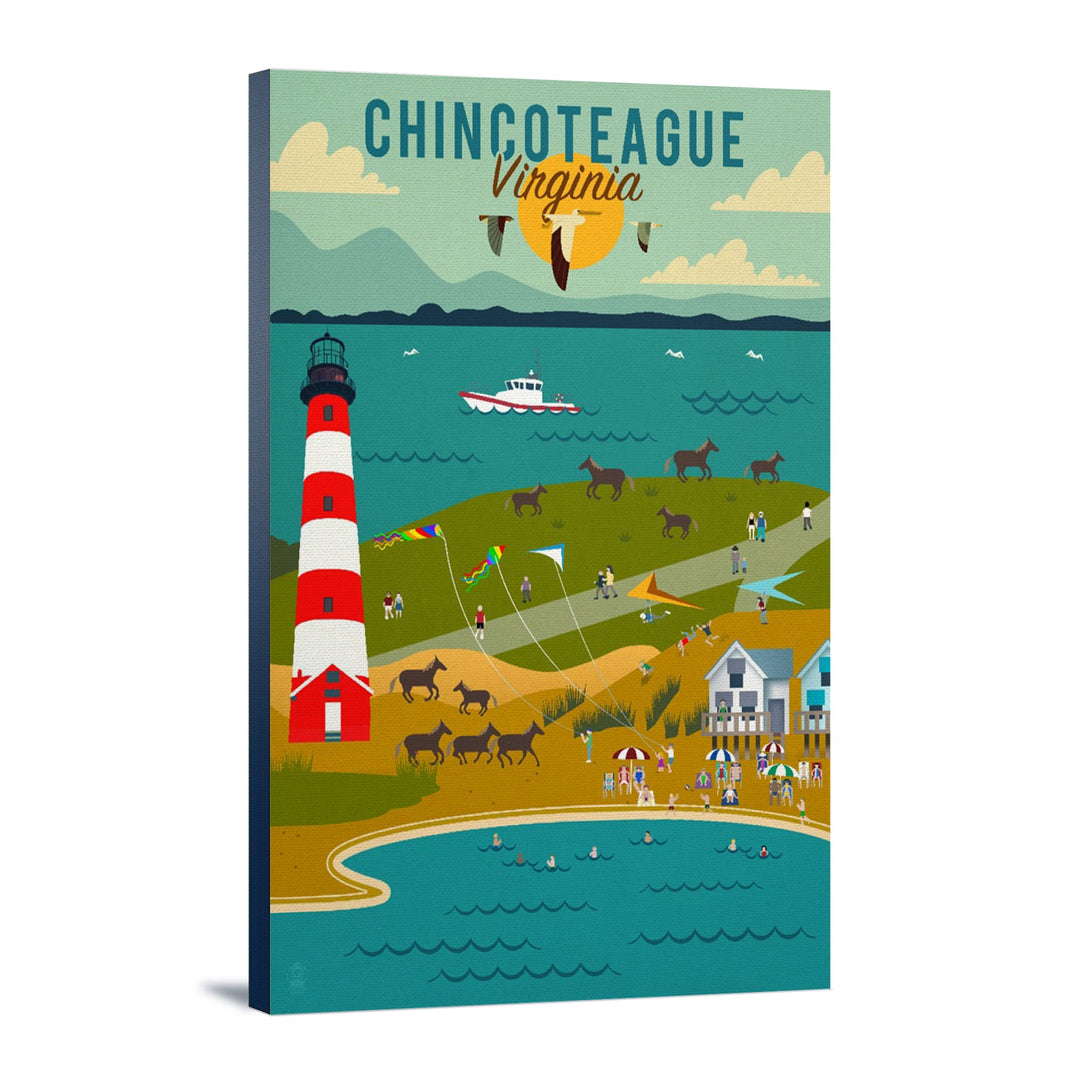 Chinconteague, Virginia, Beach, Ocean, & Lighthouse, Geometric, Lantern Press Artwork, Stretched Canvas Canvas Lantern Press 12x18 Stretched Canvas 