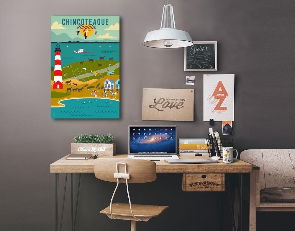 Chinconteague, Virginia, Beach, Ocean, & Lighthouse, Geometric, Lantern Press Artwork, Stretched Canvas Canvas Lantern Press 