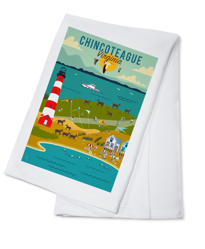 Chinconteague, Virginia, Beach, Ocean, & Lighthouse, Geometric, Lantern Press Artwork, Towels and Aprons Kitchen Lantern Press Cotton Towel 