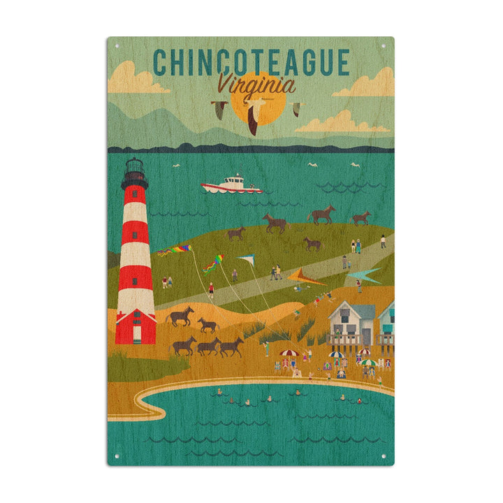 Chinconteague, Virginia, Beach, Ocean, & Lighthouse, Geometric, Lantern Press Artwork, Wood Signs and Postcards Wood Lantern Press 10 x 15 Wood Sign 