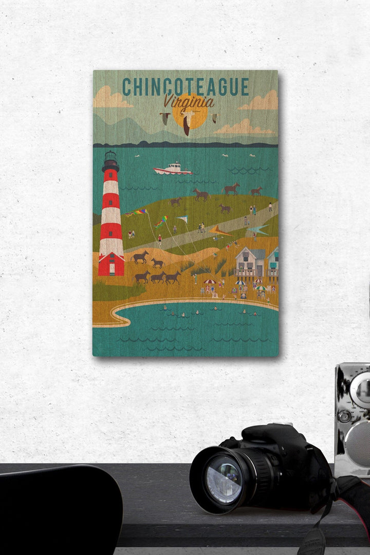 Chinconteague, Virginia, Beach, Ocean, & Lighthouse, Geometric, Lantern Press Artwork, Wood Signs and Postcards Wood Lantern Press 12 x 18 Wood Gallery Print 