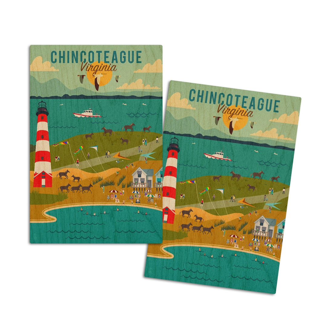 Chinconteague, Virginia, Beach, Ocean, & Lighthouse, Geometric, Lantern Press Artwork, Wood Signs and Postcards Wood Lantern Press 4x6 Wood Postcard Set 