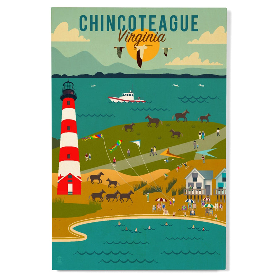 Chinconteague, Virginia, Beach, Ocean, & Lighthouse, Geometric, Lantern Press Artwork, Wood Signs and Postcards Wood Lantern Press 