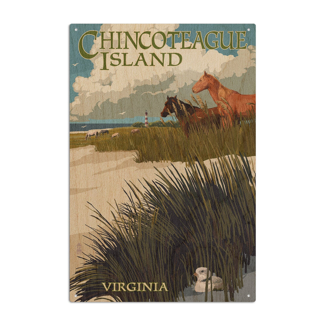 Chincoteague Island, Virginia, Horses & Dunes, Lantern Press Artwork, Wood Signs and Postcards Wood Lantern Press 6x9 Wood Sign 