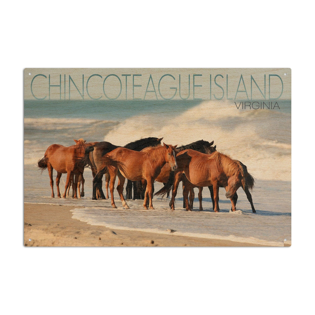 Chincoteague Island, Virginia, Horses on Beach, Lantern Press Photography, Wood Signs and Postcards Wood Lantern Press 10 x 15 Wood Sign 