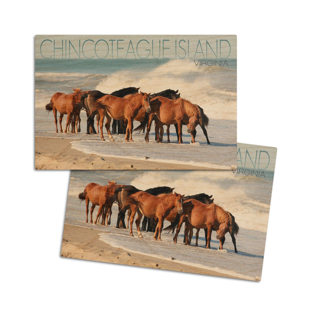 Chincoteague Island, Virginia, Horses on Beach, Lantern Press Photography, Wood Signs and Postcards Wood Lantern Press 4x6 Wood Postcard Set 