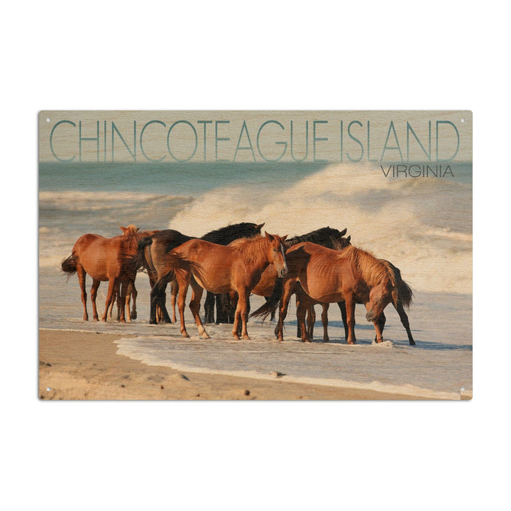 Chincoteague Island, Virginia, Horses on Beach, Lantern Press Photography, Wood Signs and Postcards Wood Lantern Press 6x9 Wood Sign 