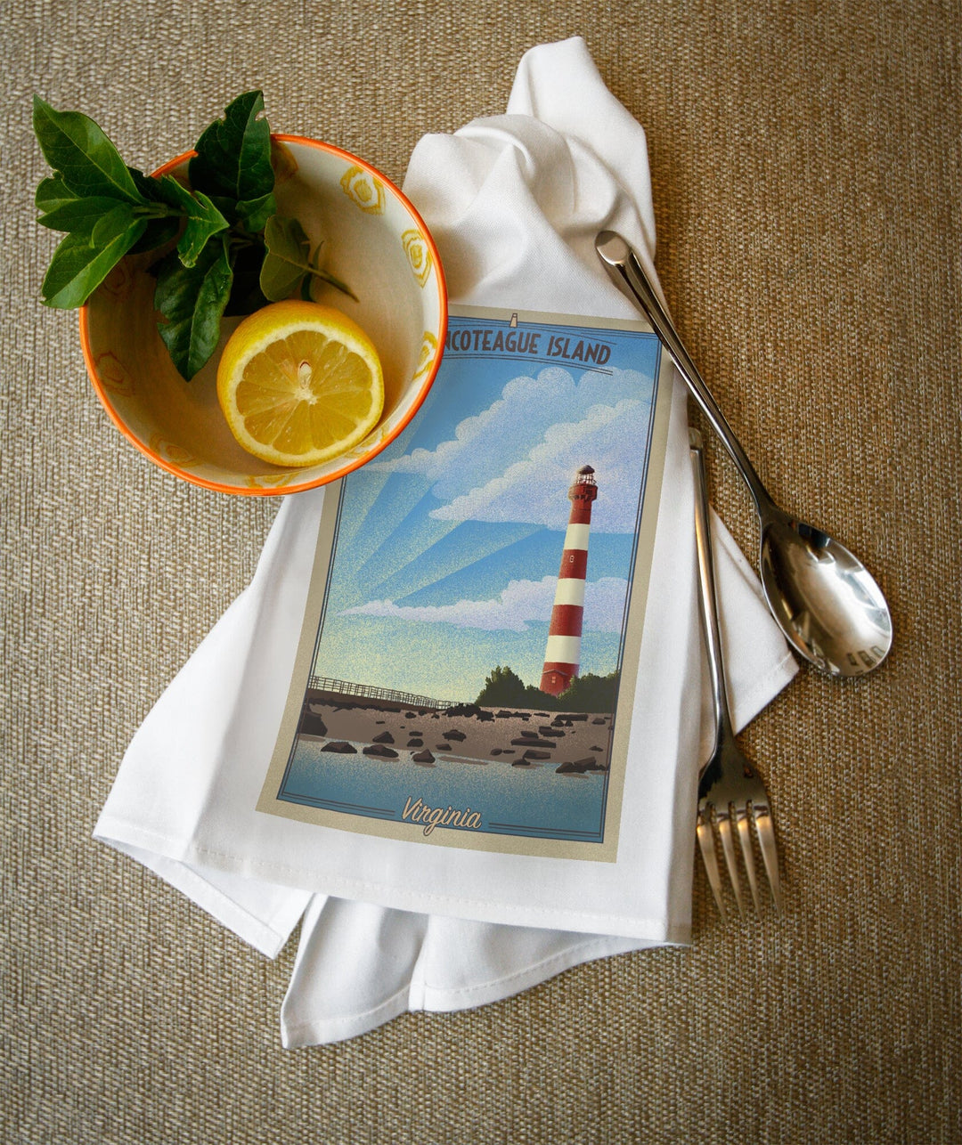 Chincoteague Island, Virginia, Lighthouse Lithograph, Organic Cotton Kitchen Tea Towels - Lantern Press