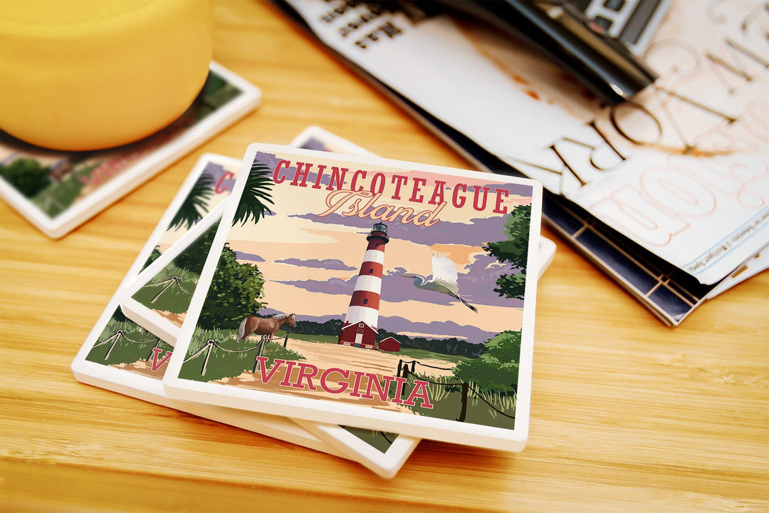 Chincoteague, Virginia, Lighthouse, Lantern Press Artwork, Coaster Set Coasters Lantern Press 