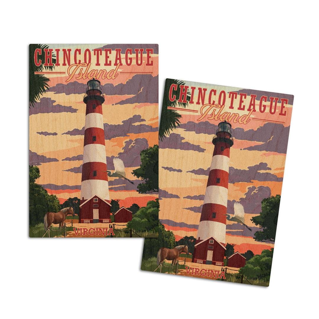 Chincoteague, Virginia, Lighthouse, Lantern Press Artwork, Wood Signs and Postcards Wood Lantern Press 4x6 Wood Postcard Set 