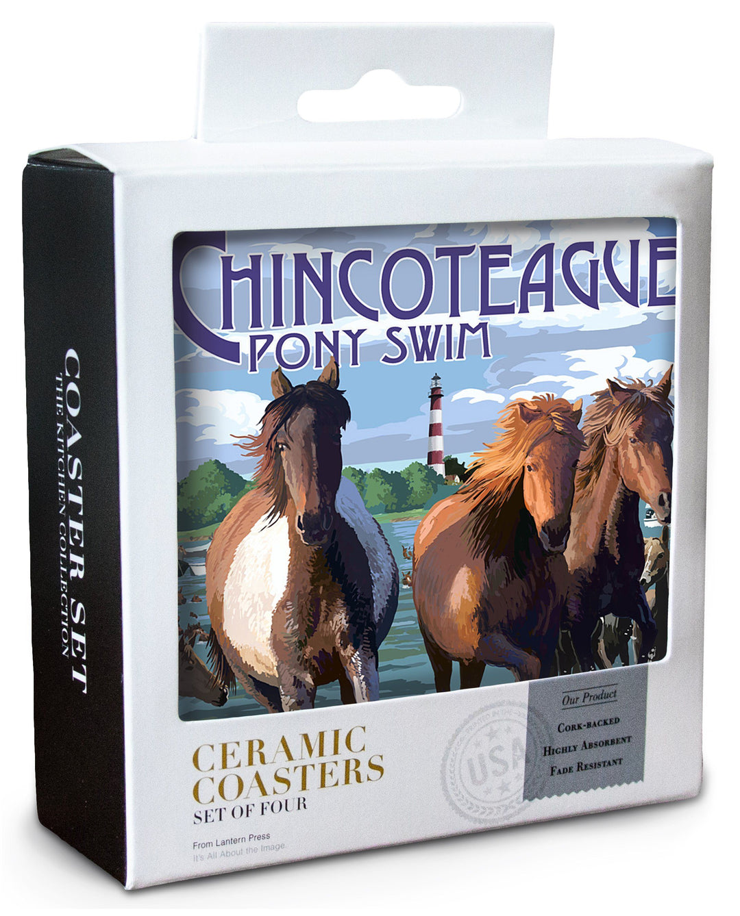Chincoteague, Virginia, Pony Swim (Horizontal), Lantern Press Artwork, Coaster Set Coasters Lantern Press 