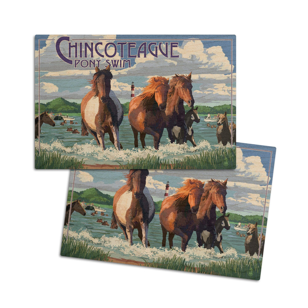 Chincoteague, Virginia, Pony Swim (Horizontal), Lantern Press Artwork, Wood Signs and Postcards Wood Lantern Press 4x6 Wood Postcard Set 