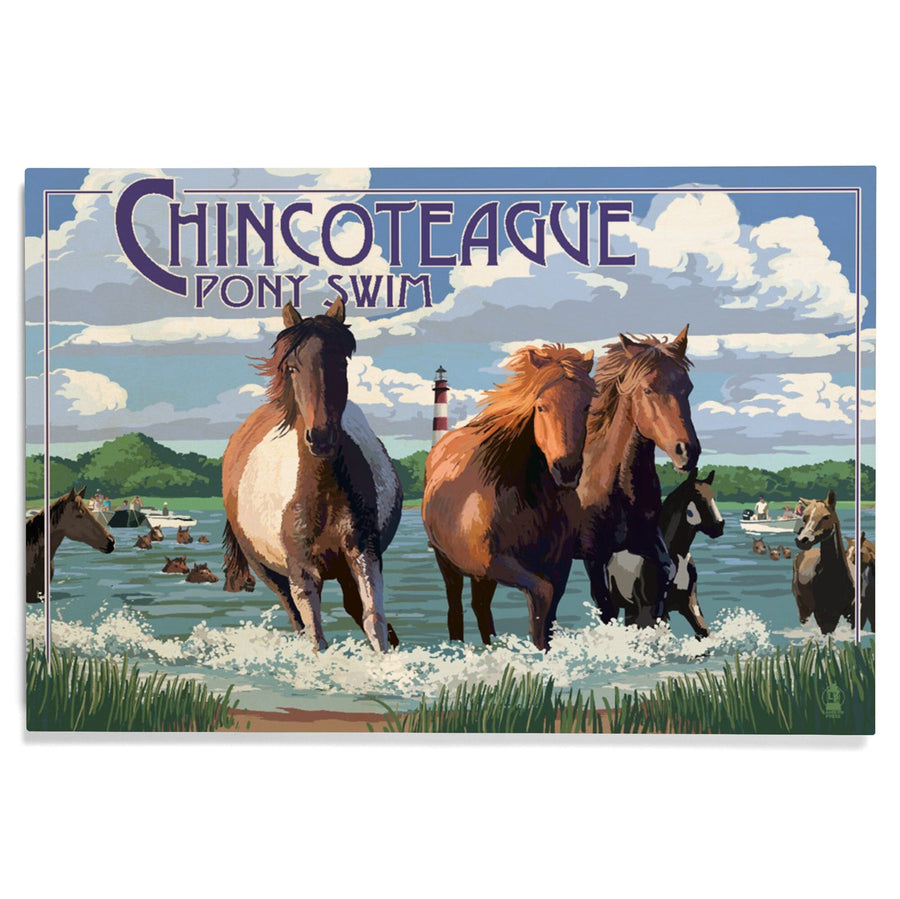 Chincoteague, Virginia, Pony Swim (Horizontal), Lantern Press Artwork, Wood Signs and Postcards - Lantern Press