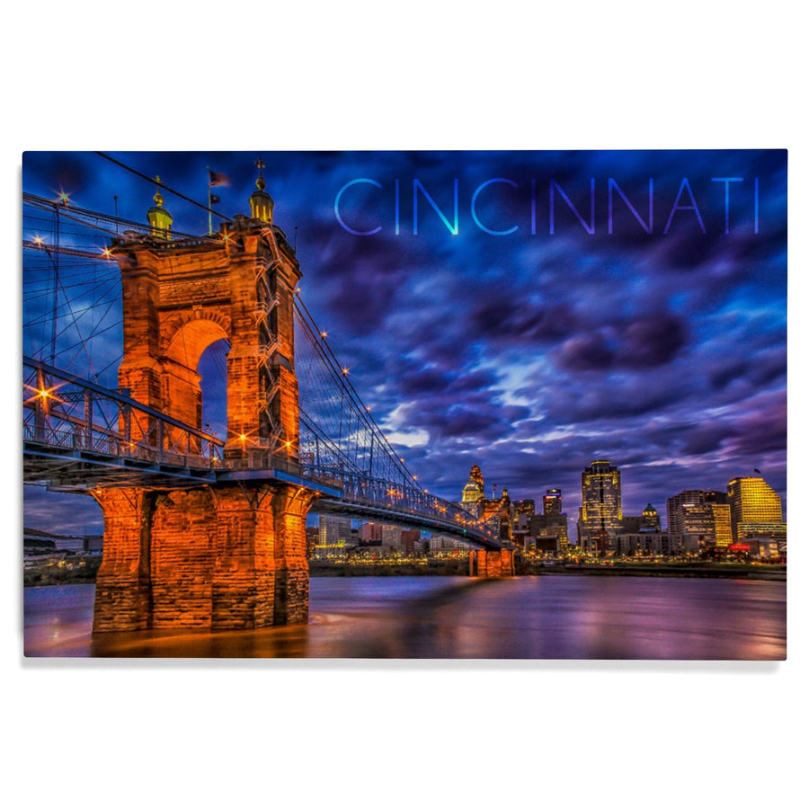 Cincinnati, Ohio, John A. Roebling Suspension Bridge at Night, Lantern Press Photography, Wood Signs and Postcards Wood Lantern Press 