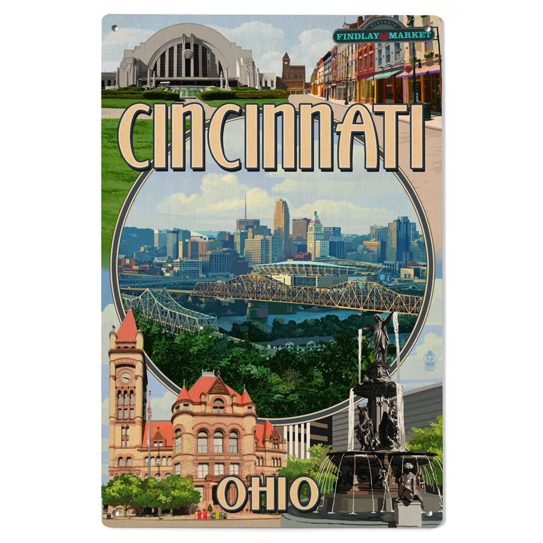 Cincinnati, Ohio, Montage Scenes, Lantern Press Artwork, Wood Signs and Postcards Wood Lantern Press 