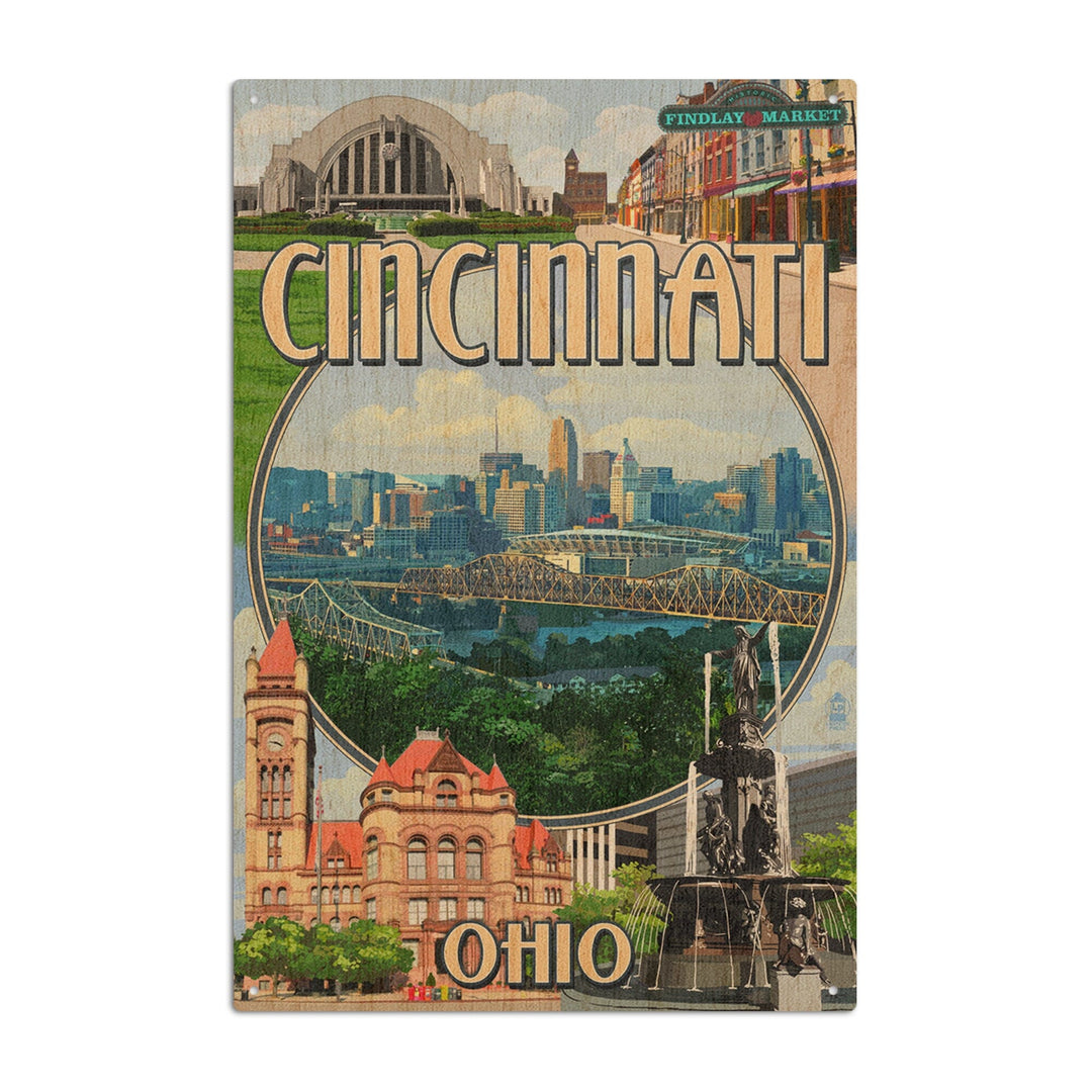Cincinnati, Ohio, Montage Scenes, Lantern Press Artwork, Wood Signs and Postcards Wood Lantern Press 6x9 Wood Sign 