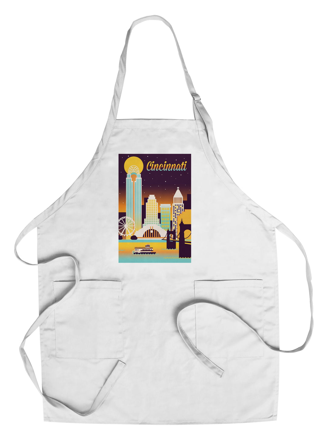 Cincinnati, Ohio, Retro Skyline Chromatic Series, Lantern Press Artwork, Towels and Aprons Kitchen Lantern Press Chef's Apron 