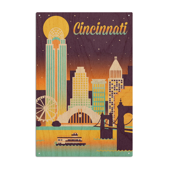 Cincinnati, Ohio, Retro Skyline Chromatic Series, Lantern Press Artwork, Wood Signs and Postcards Wood Lantern Press 10 x 15 Wood Sign 