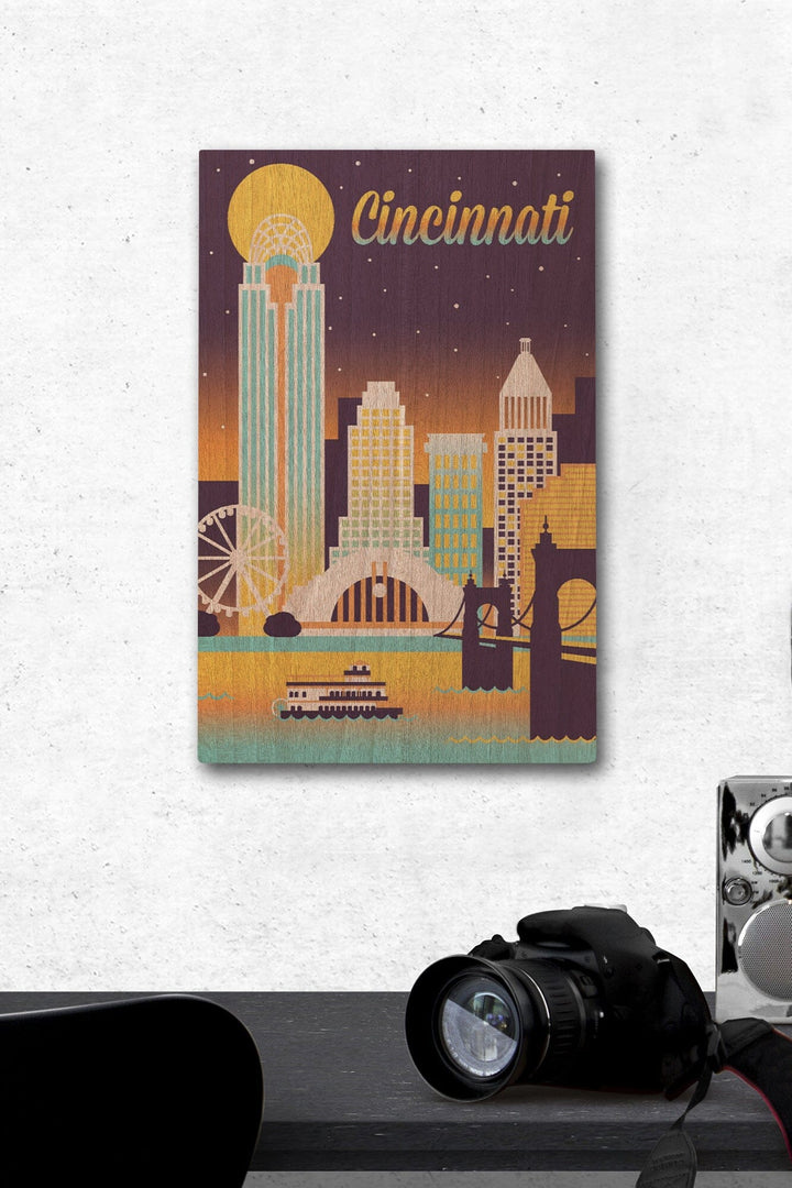 Cincinnati, Ohio, Retro Skyline Chromatic Series, Lantern Press Artwork, Wood Signs and Postcards Wood Lantern Press 12 x 18 Wood Gallery Print 