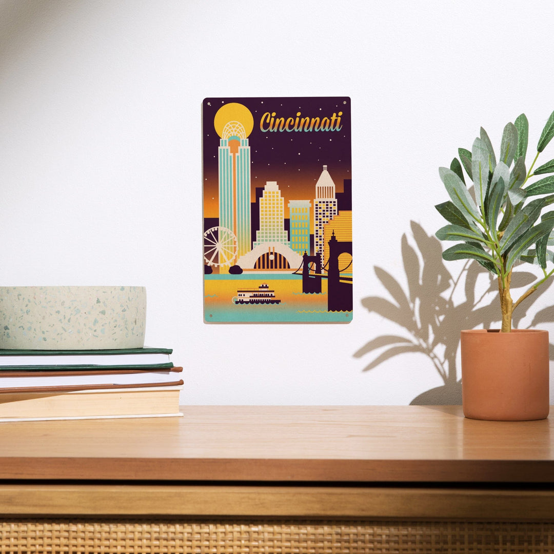 Cincinnati, Ohio, Retro Skyline Chromatic Series, Lantern Press Artwork, Wood Signs and Postcards Wood Lantern Press 