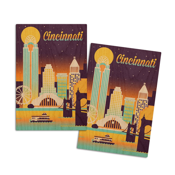Cincinnati, Ohio, Retro Skyline Chromatic Series, Lantern Press Artwork, Wood Signs and Postcards Wood Lantern Press 4x6 Wood Postcard Set 