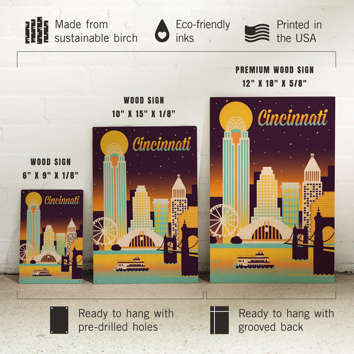 Cincinnati, Ohio, Retro Skyline Chromatic Series, Lantern Press Artwork, Wood Signs and Postcards Wood Lantern Press 