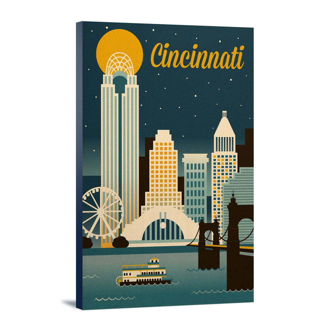 Cincinnati, Ohio, Retro Skyline Classic Series, Lantern Press Artwork, Stretched Canvas Canvas Lantern Press 16x24 Stretched Canvas 