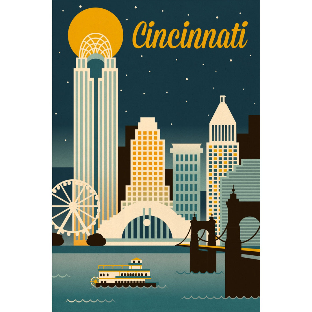 Cincinnati, Ohio, Retro Skyline Classic Series, Lantern Press Artwork, Stretched Canvas Canvas Lantern Press 