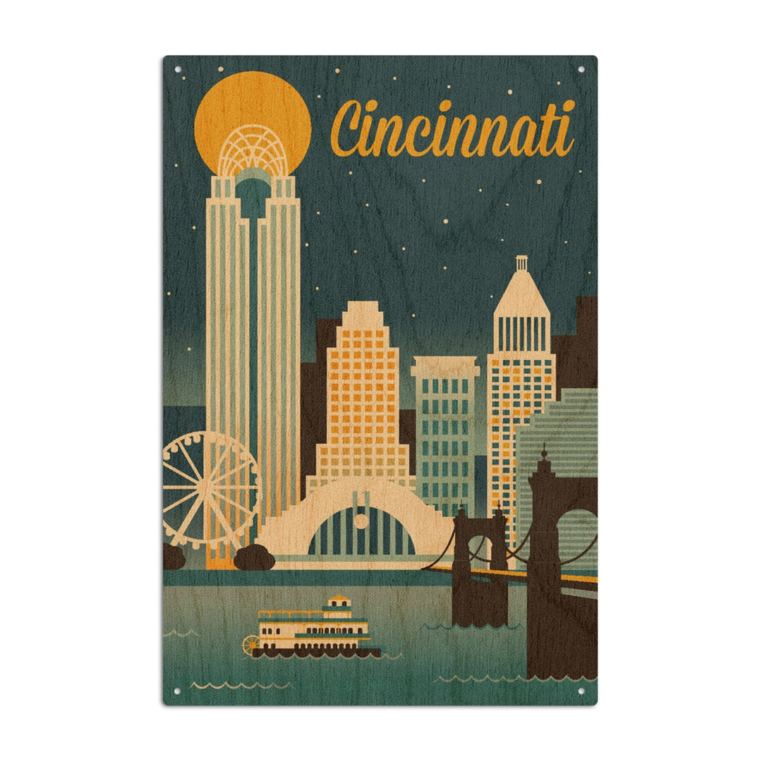 Cincinnati, Ohio, Retro Skyline Classic Series, Lantern Press Artwork, Wood Signs and Postcards Wood Lantern Press 10 x 15 Wood Sign 