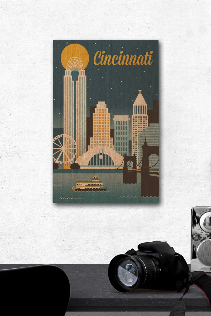 Cincinnati, Ohio, Retro Skyline Classic Series, Lantern Press Artwork, Wood Signs and Postcards Wood Lantern Press 12 x 18 Wood Gallery Print 