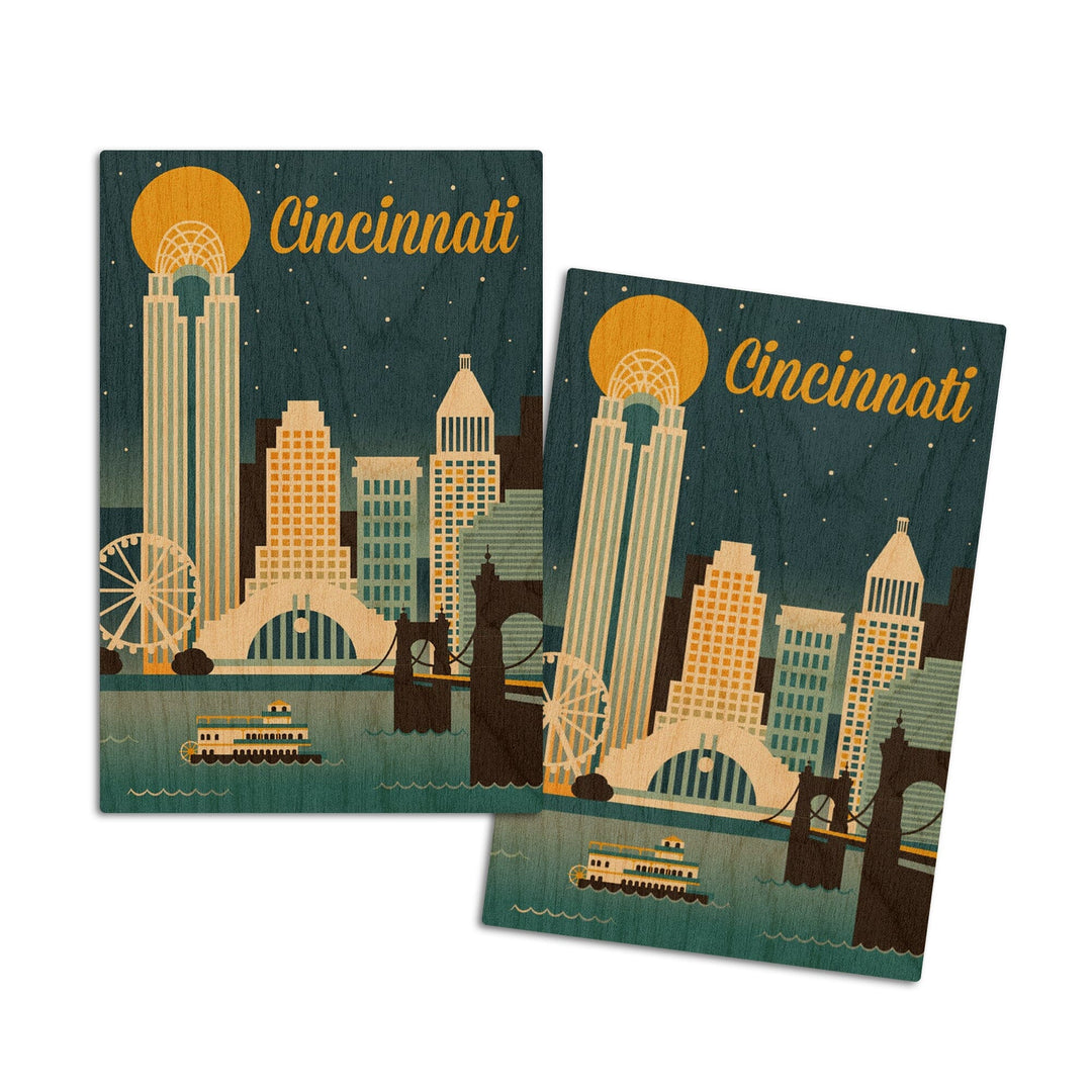Cincinnati, Ohio, Retro Skyline Classic Series, Lantern Press Artwork, Wood Signs and Postcards Wood Lantern Press 4x6 Wood Postcard Set 