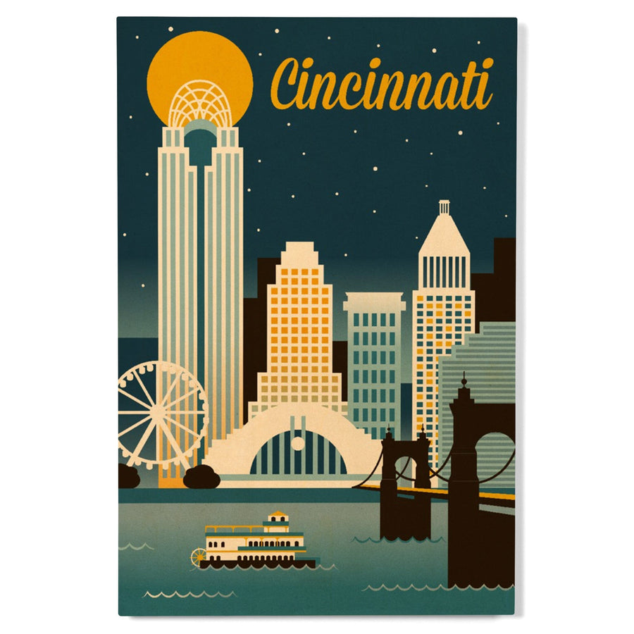 Cincinnati, Ohio, Retro Skyline Classic Series, Lantern Press Artwork, Wood Signs and Postcards Wood Lantern Press 