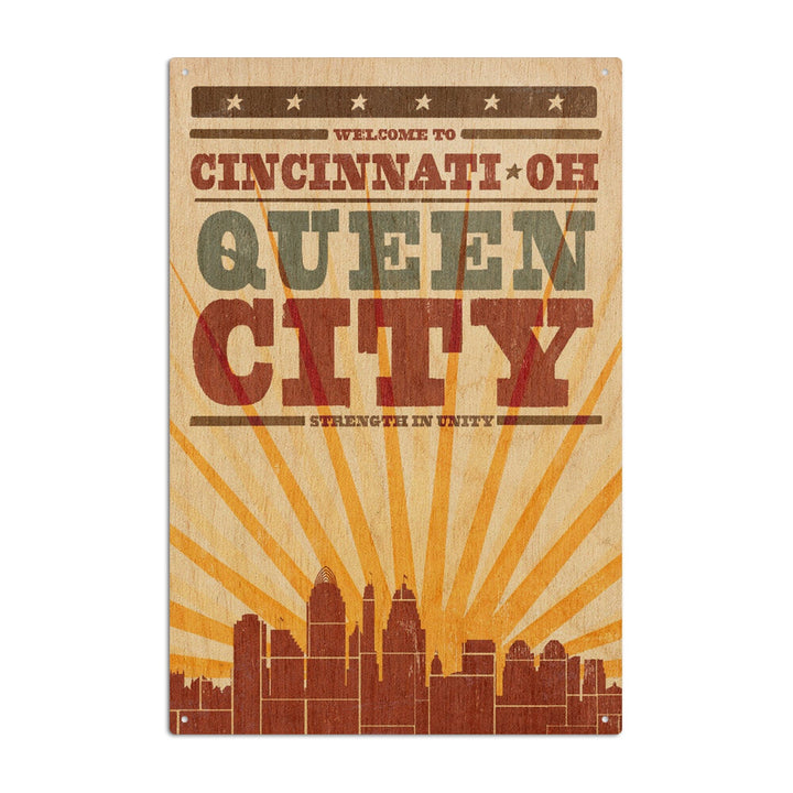 Cincinnati, Ohio, Skyline & Sunburst Screenprint Style, Lantern Press Artwork, Wood Signs and Postcards Wood Lantern Press 10 x 15 Wood Sign 