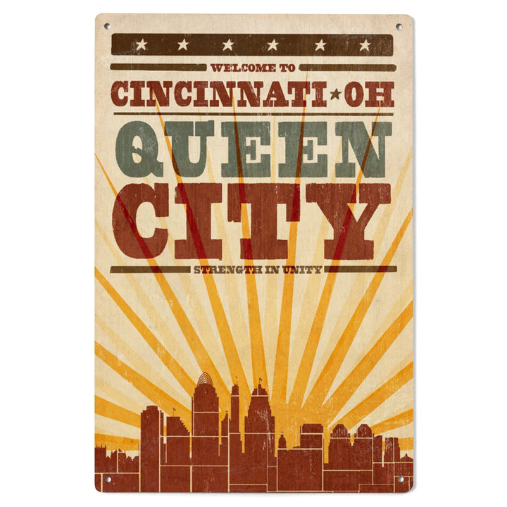 Cincinnati, Ohio, Skyline & Sunburst Screenprint Style, Lantern Press Artwork, Wood Signs and Postcards Wood Lantern Press 