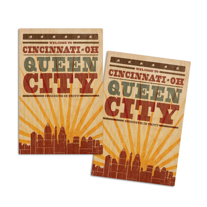 Cincinnati, Ohio, Skyline & Sunburst Screenprint Style, Lantern Press Artwork, Wood Signs and Postcards Wood Lantern Press 4x6 Wood Postcard Set 