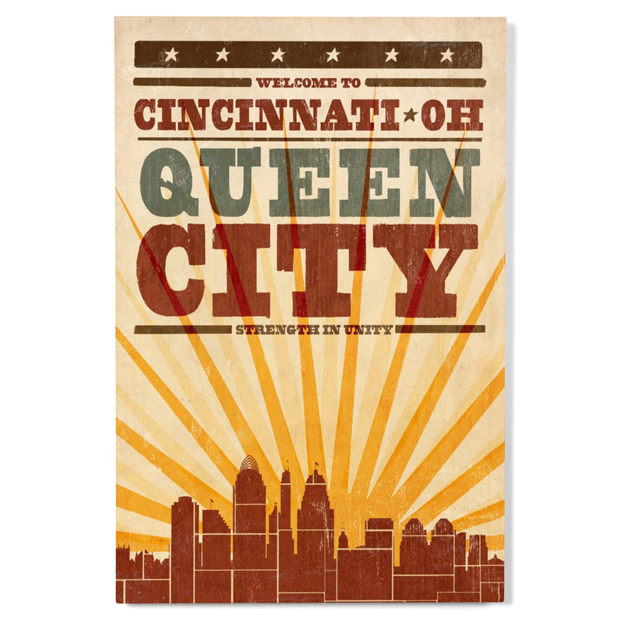 Cincinnati, Ohio, Skyline & Sunburst Screenprint Style, Lantern Press Artwork, Wood Signs and Postcards Wood Lantern Press 